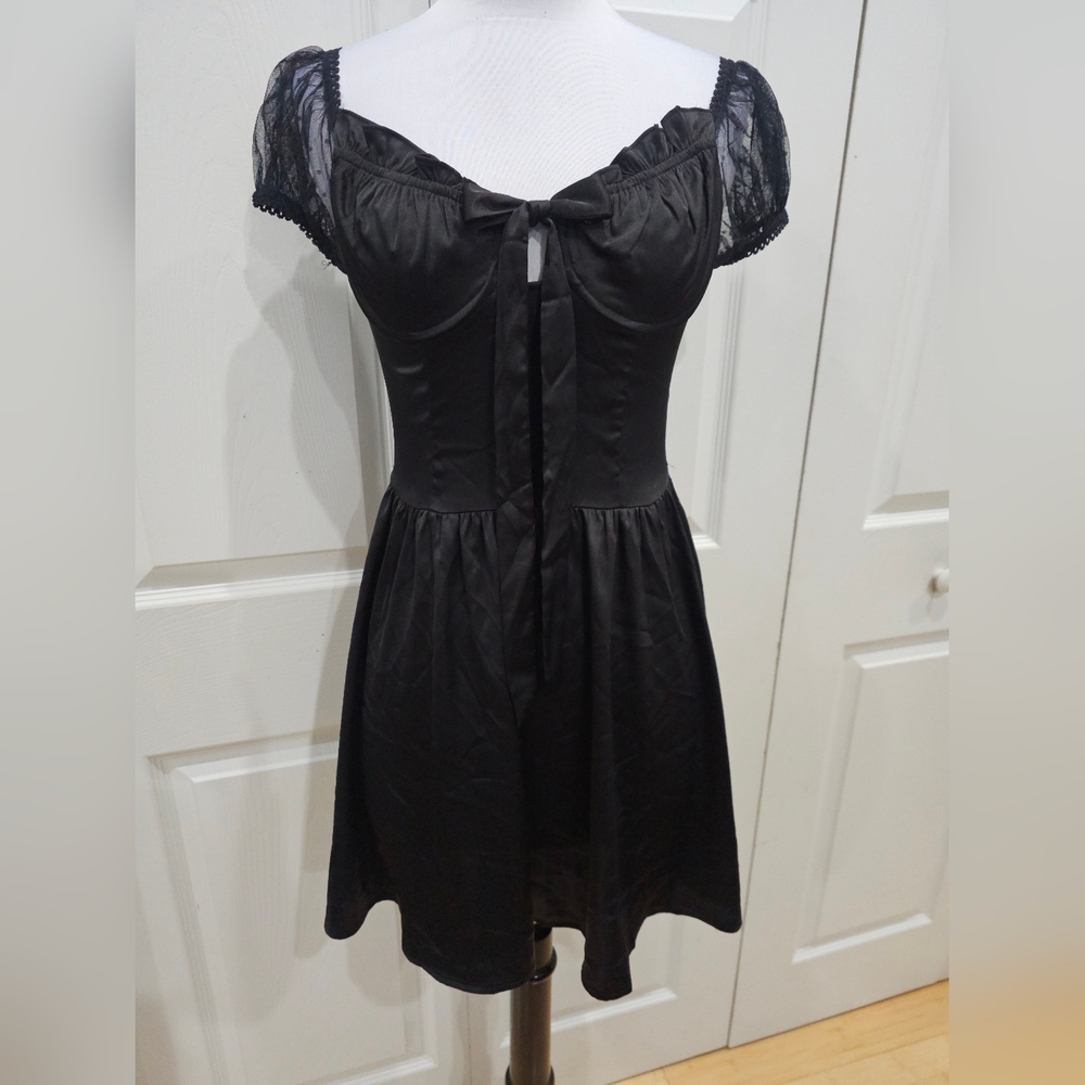 Dolls Kill Goth Horoscopez Little Black Satin Lace Tie Front Mini Dress XS S NWT